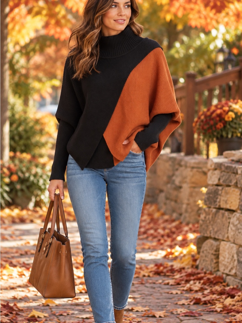 Elan Black Rust Colorblock Asymmetrical Poncho Sweater Turtleneck M
